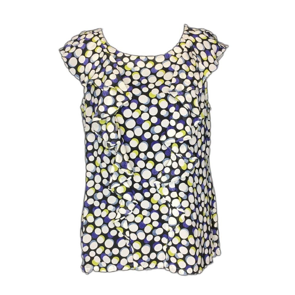 Portrait of a Girl Anthropologie Top 8 Black‎ Blue Green 100% Silk Dot Ruffle